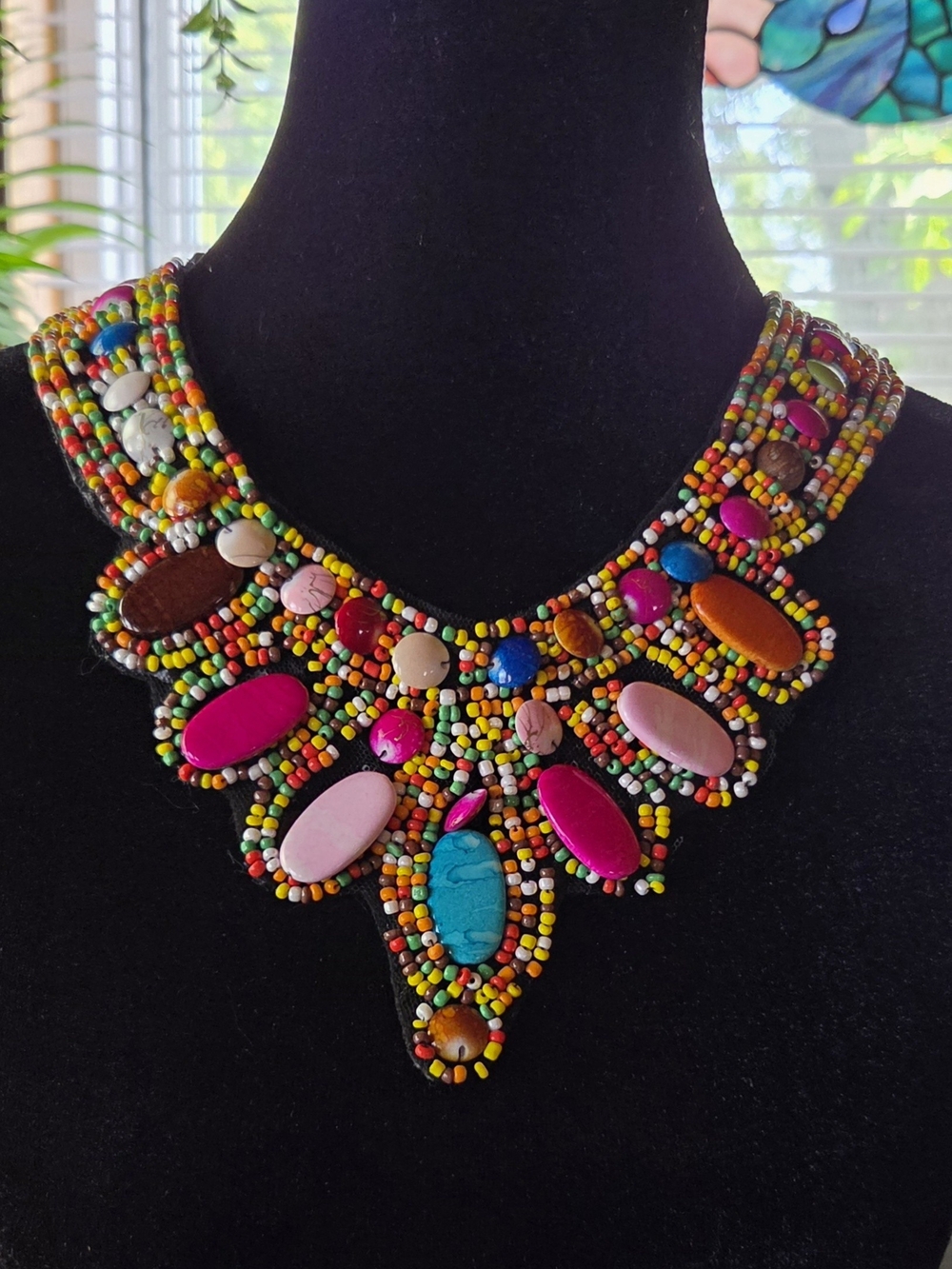 Carnival Style Beaded Bib Necklace Wide With Ribbon Tie